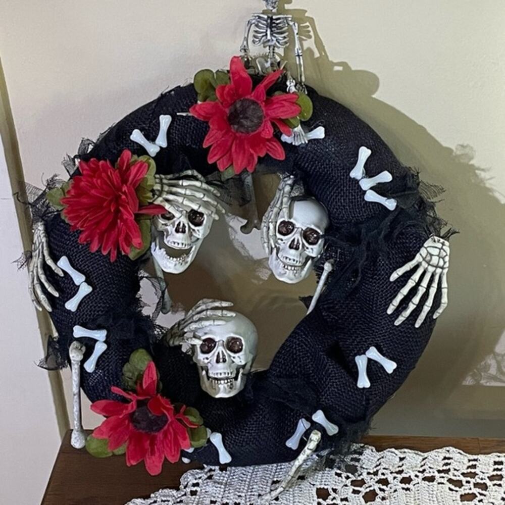 Handmade Halloween Skeleton Wreath 12" Skulls Bones Glow Decor